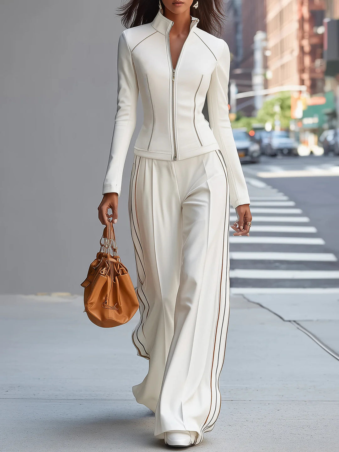 White Zip-Up Wide-Leg Pant Set with Stand-Up Collar