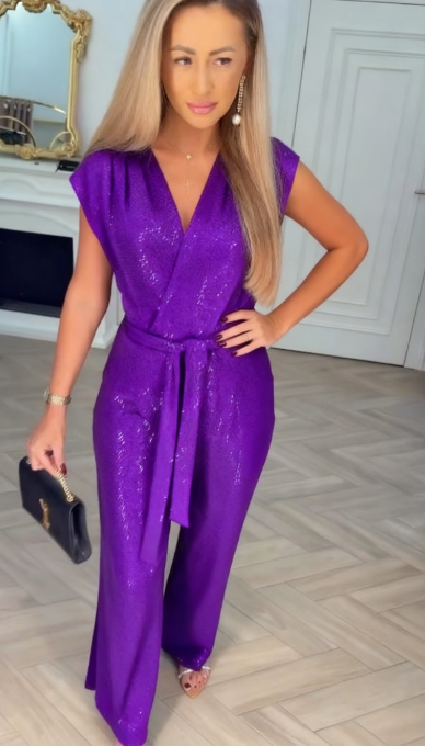 Sequined Solid Color Jumpsuit with Tie Detail