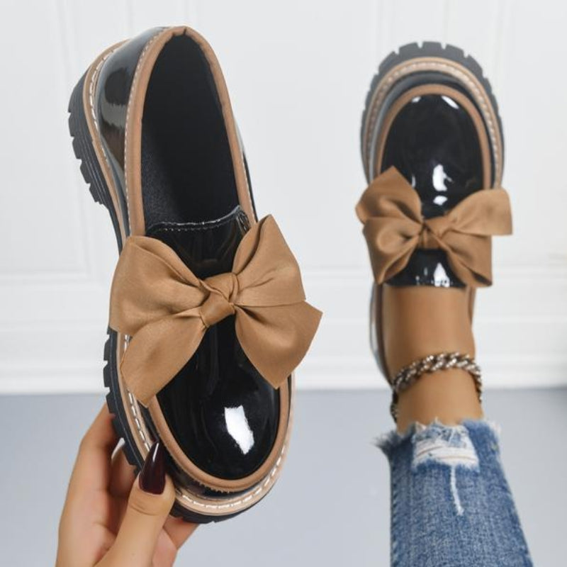 Shiny Green Bowknot Loafers with Chunky Cushioned Sole