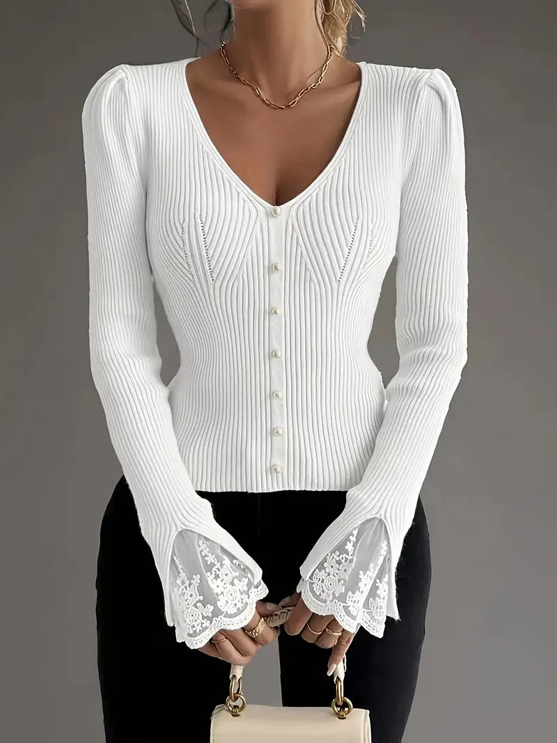 V-Neck Ribbed Top with Lace Sleeves