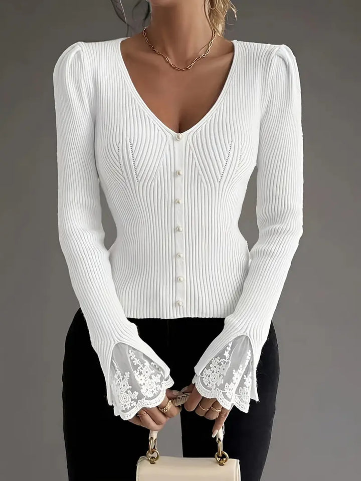 V-Neck Ribbed Top with Lace Sleeves