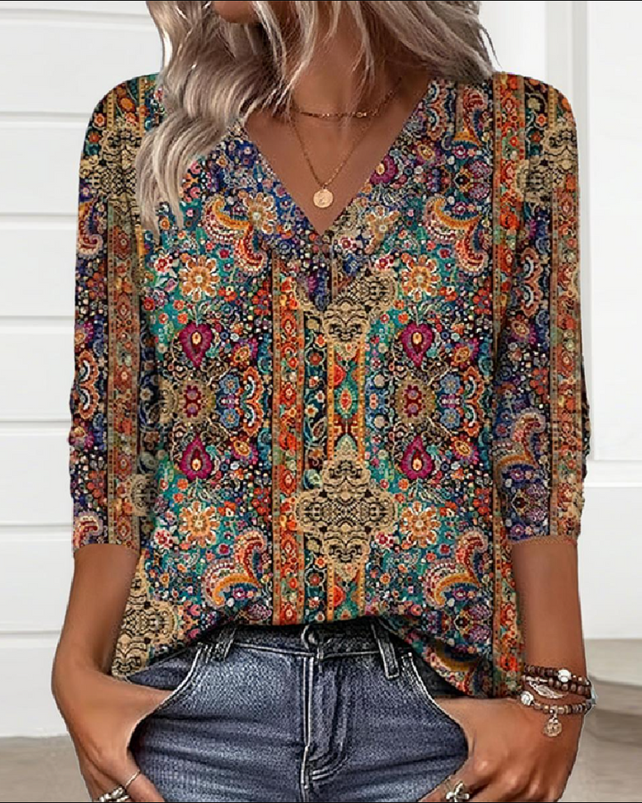 Vintage-Inspired V-Neck Printed Blouse