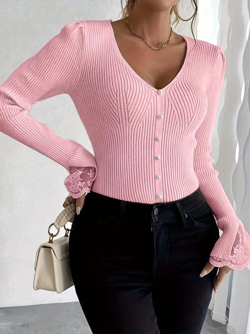 V-Neck Ribbed Top with Lace Sleeves
