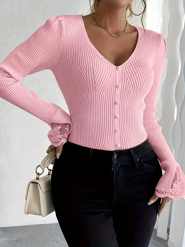 V-Neck Ribbed Top with Lace Sleeves