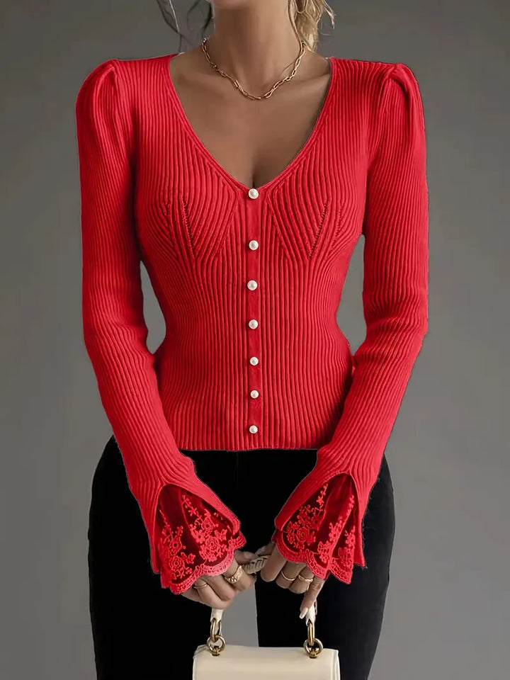 V-Neck Ribbed Top with Lace Sleeves