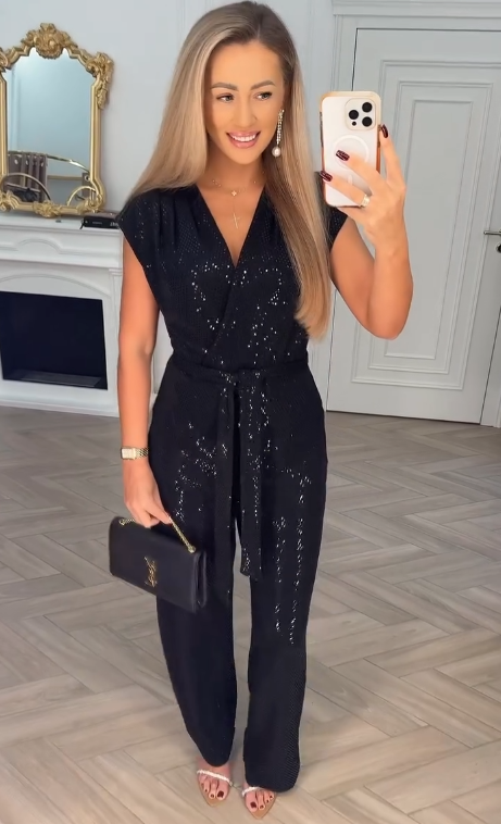 Sequined Solid Color Jumpsuit with Tie Detail