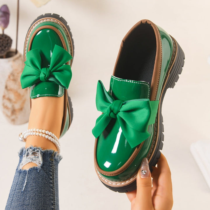 Shiny Green Bowknot Loafers with Chunky Cushioned Sole