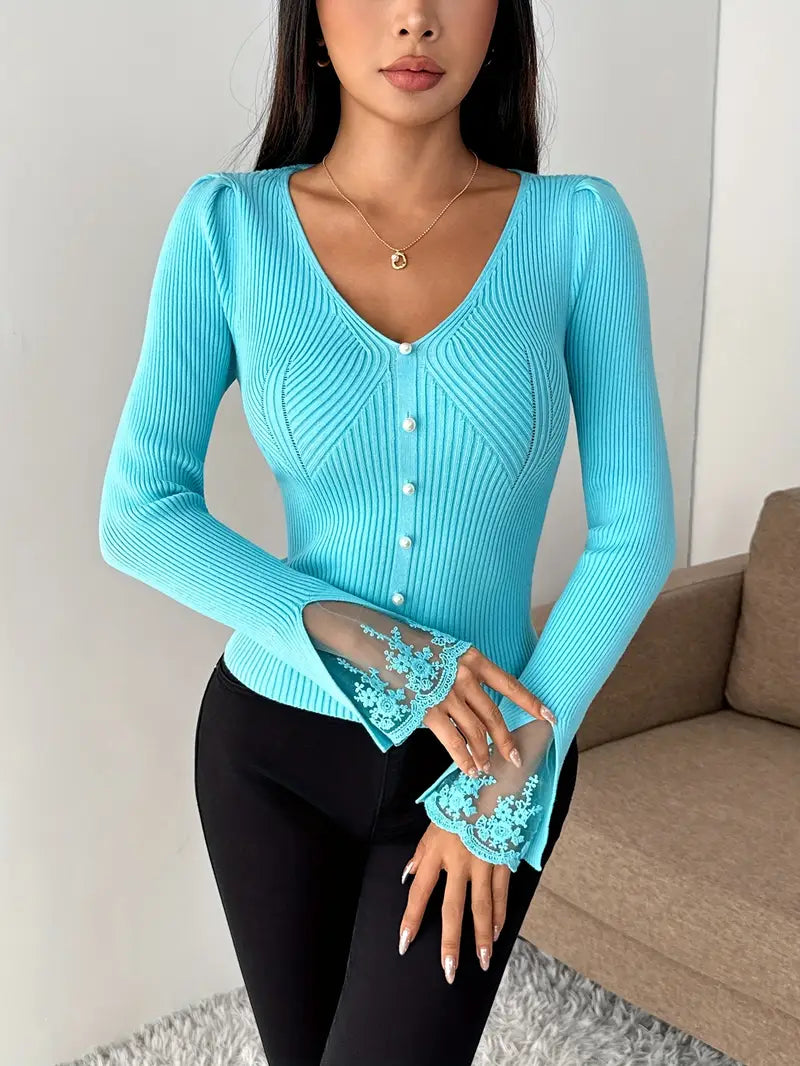 V-Neck Ribbed Top with Lace Sleeves