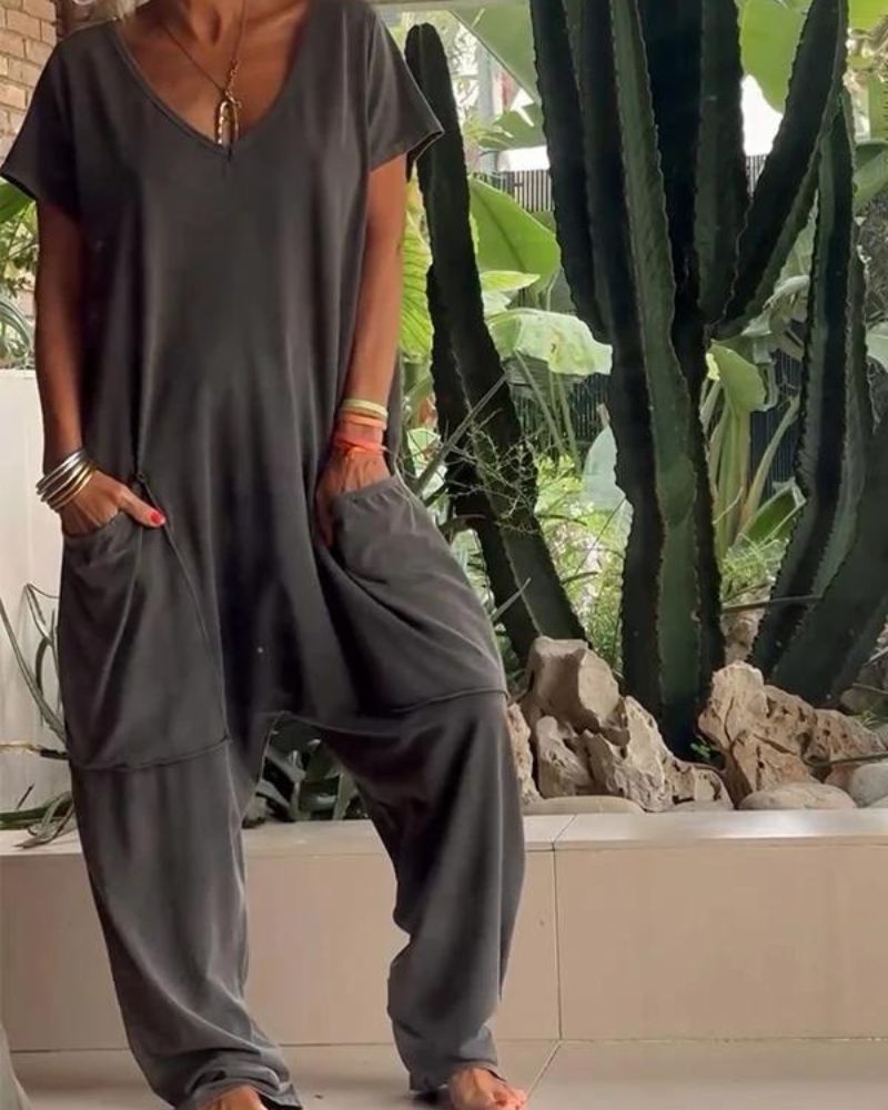 Yelena™ - Casual V-Neck Solid Color Jumpsuit