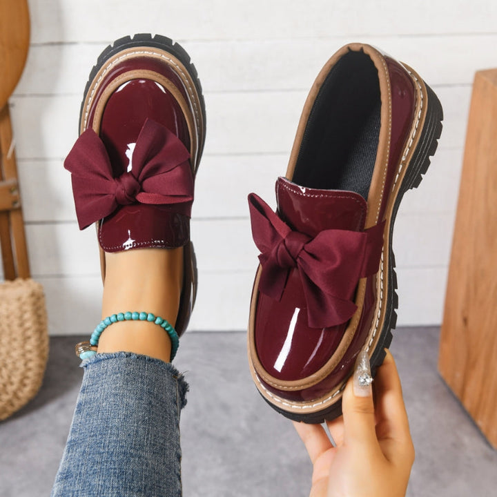 Shiny Green Bowknot Loafers with Chunky Cushioned Sole