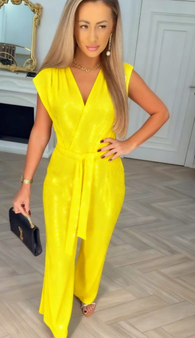 Sequined Solid Color Jumpsuit with Tie Detail