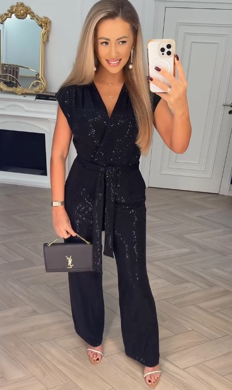 Sequined Solid Color Jumpsuit with Tie Detail