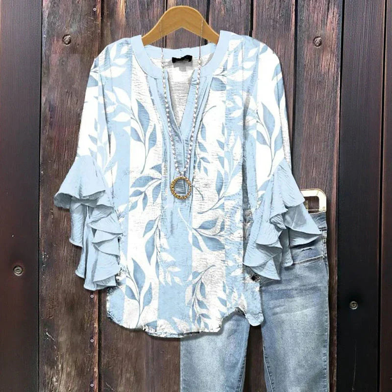 Leena™ - Vintage Floral Ruffle-Sleeve Blouse