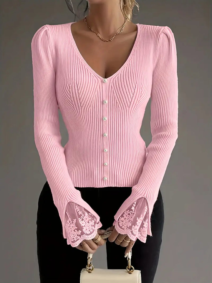 V-Neck Ribbed Top with Lace Sleeves