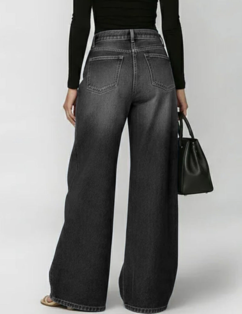 Wide-Leg Denim Pants Featuring Gold Grommet Side Cutouts