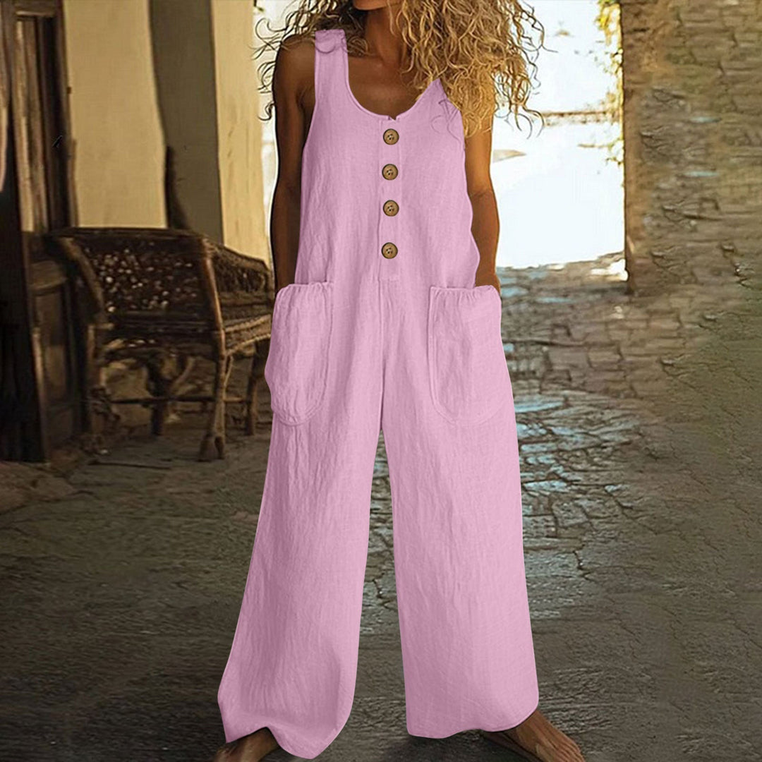Casual Button-Up Wide-Leg Jumpsuit with Pockets