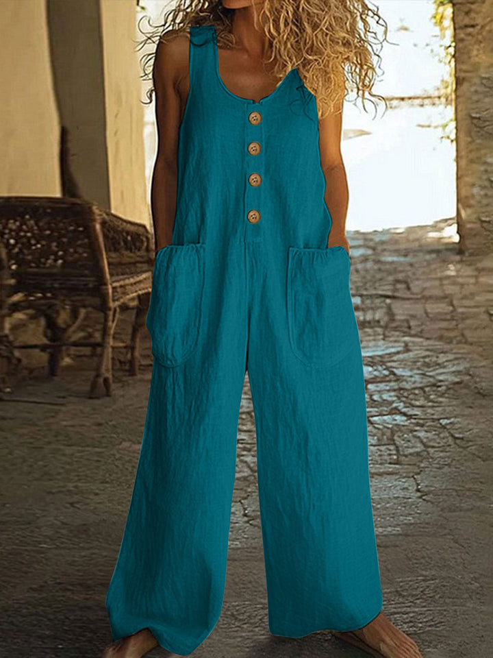 Casual Button-Up Wide-Leg Jumpsuit with Pockets