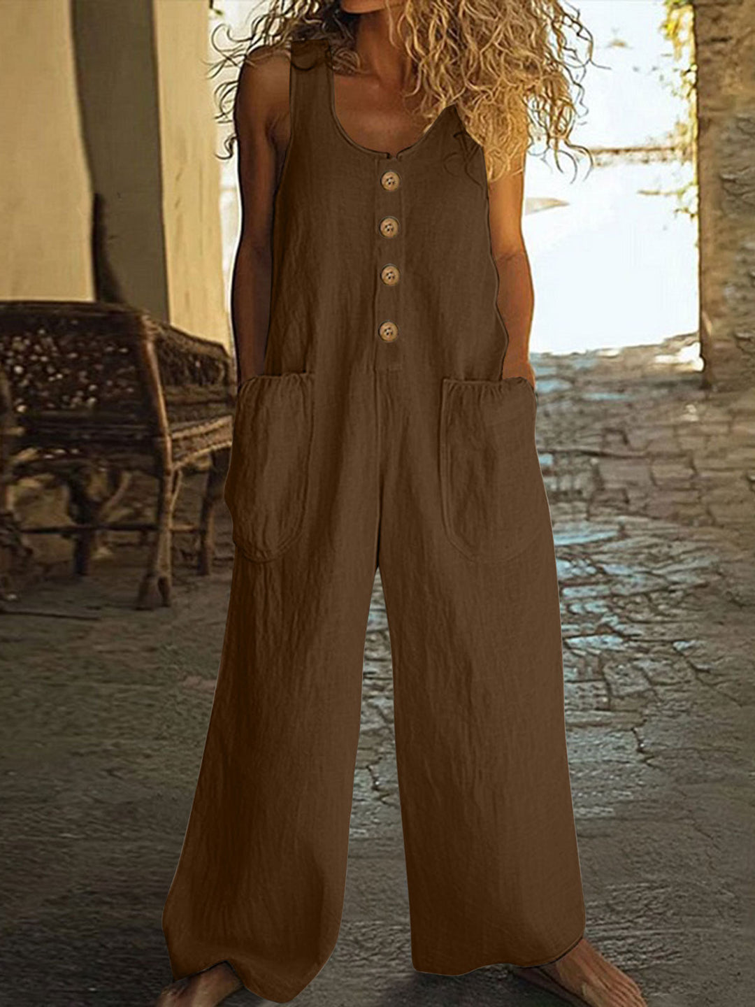 Casual Button-Up Wide-Leg Jumpsuit with Pockets