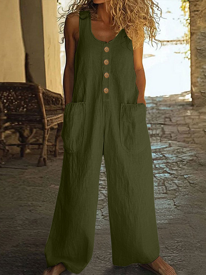 Casual Button-Up Wide-Leg Jumpsuit with Pockets