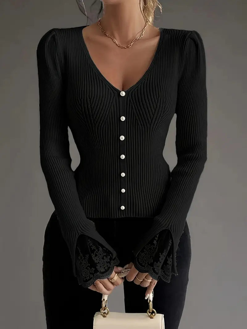V-Neck Ribbed Top with Lace Sleeves