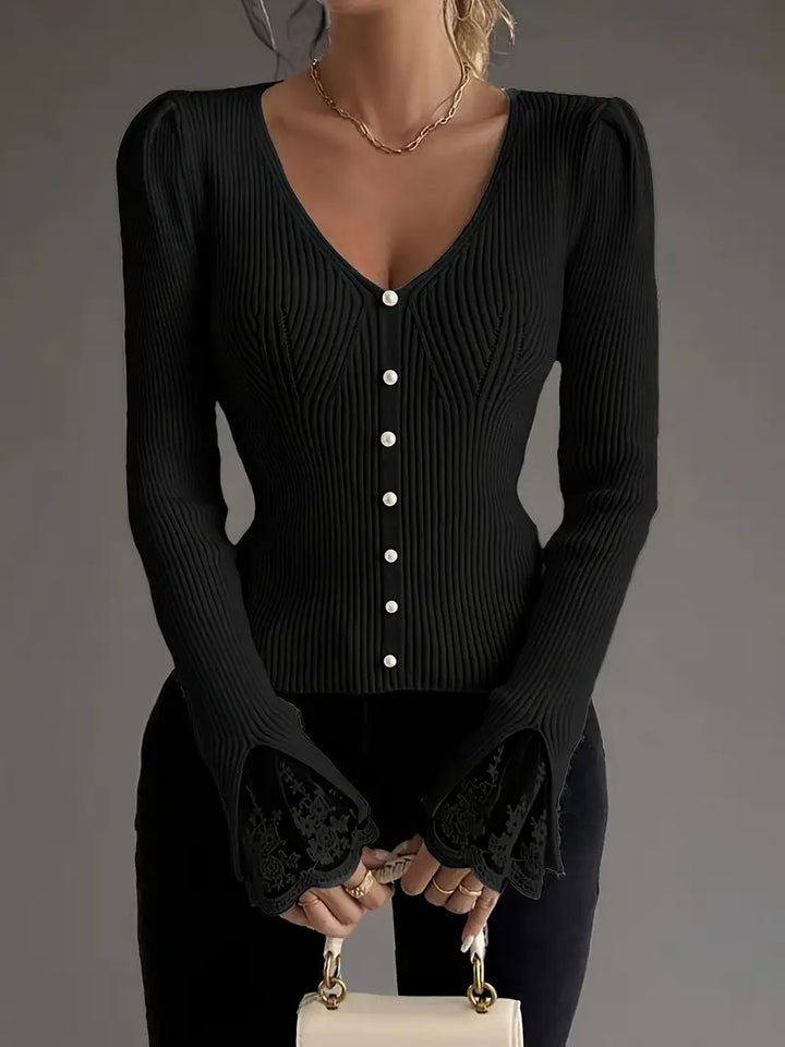 V-Neck Ribbed Top with Lace Sleeves