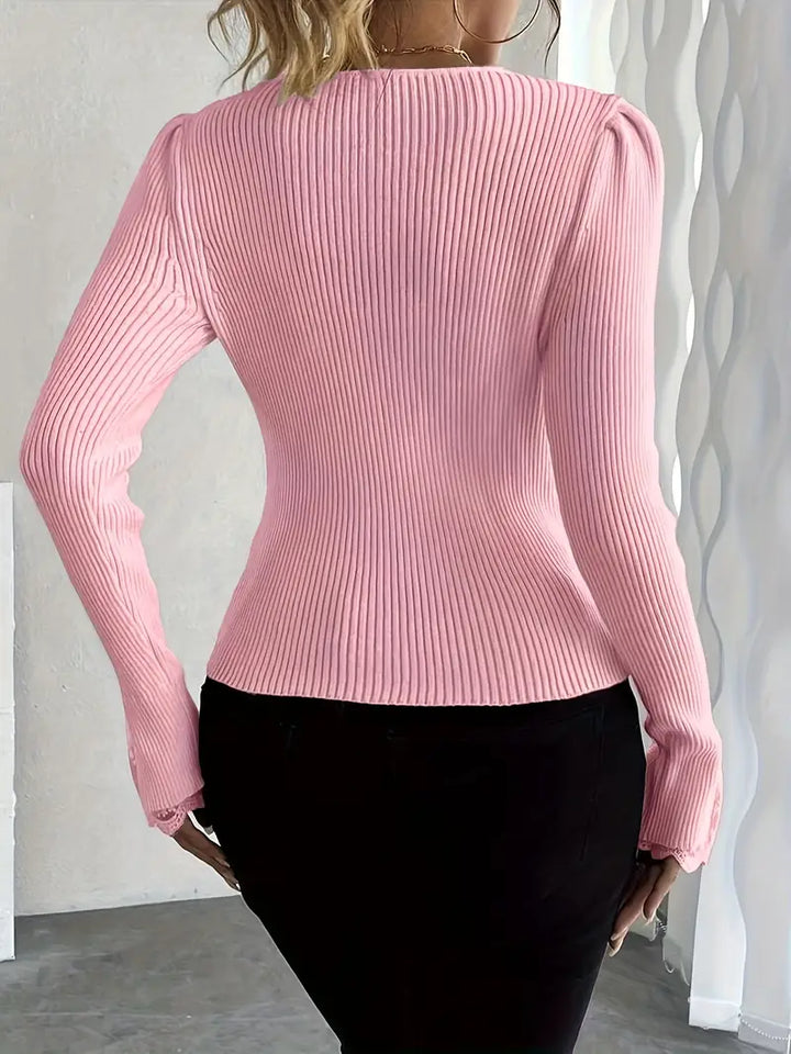 V-Neck Ribbed Top with Lace Sleeves