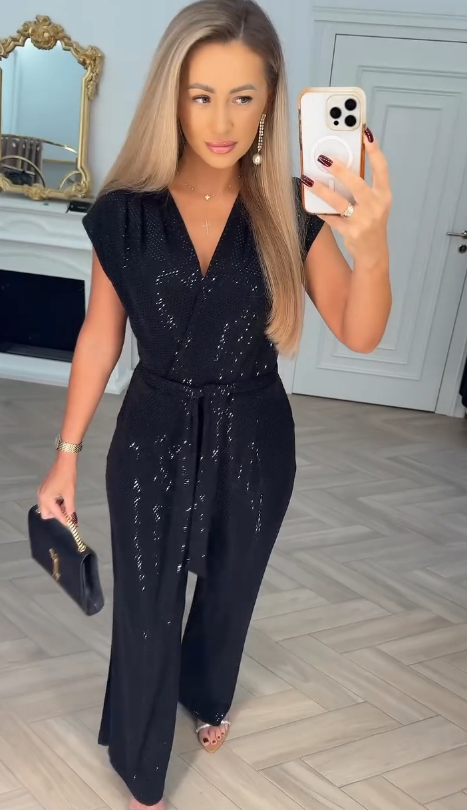 Sequined Solid Color Jumpsuit with Tie Detail