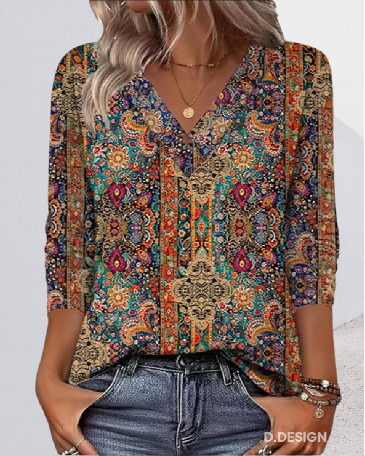 Vintage-Inspired V-Neck Printed Blouse