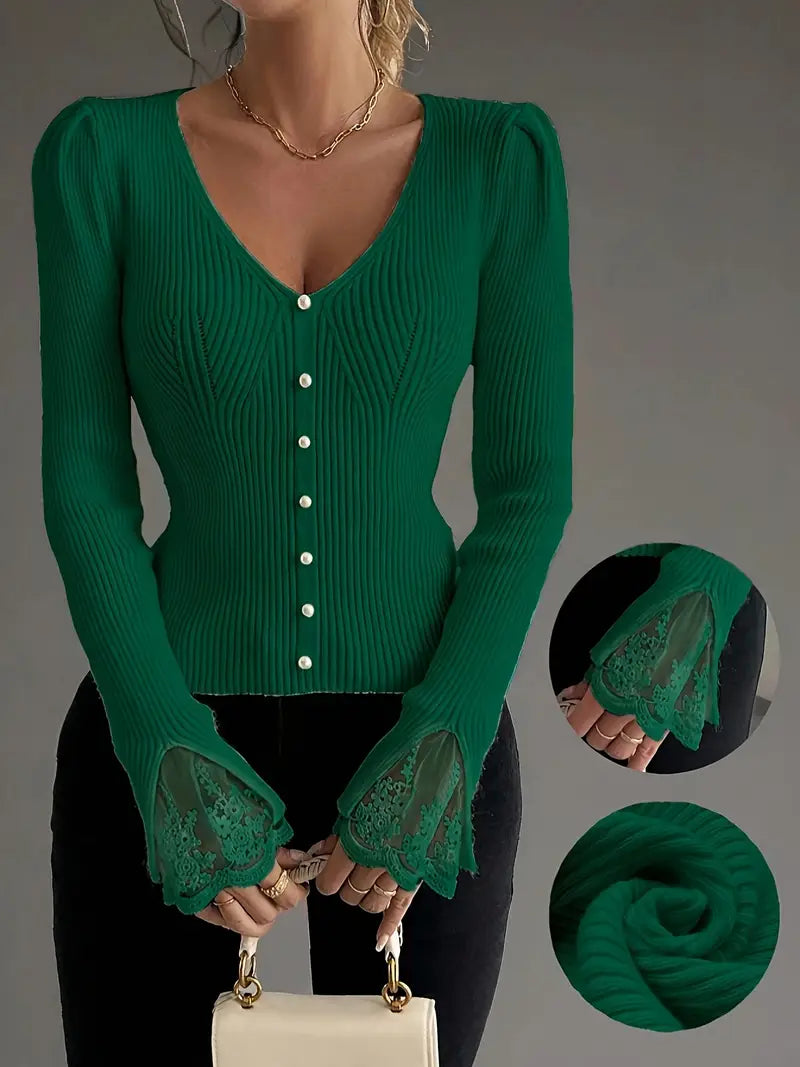 V-Neck Ribbed Top with Lace Sleeves