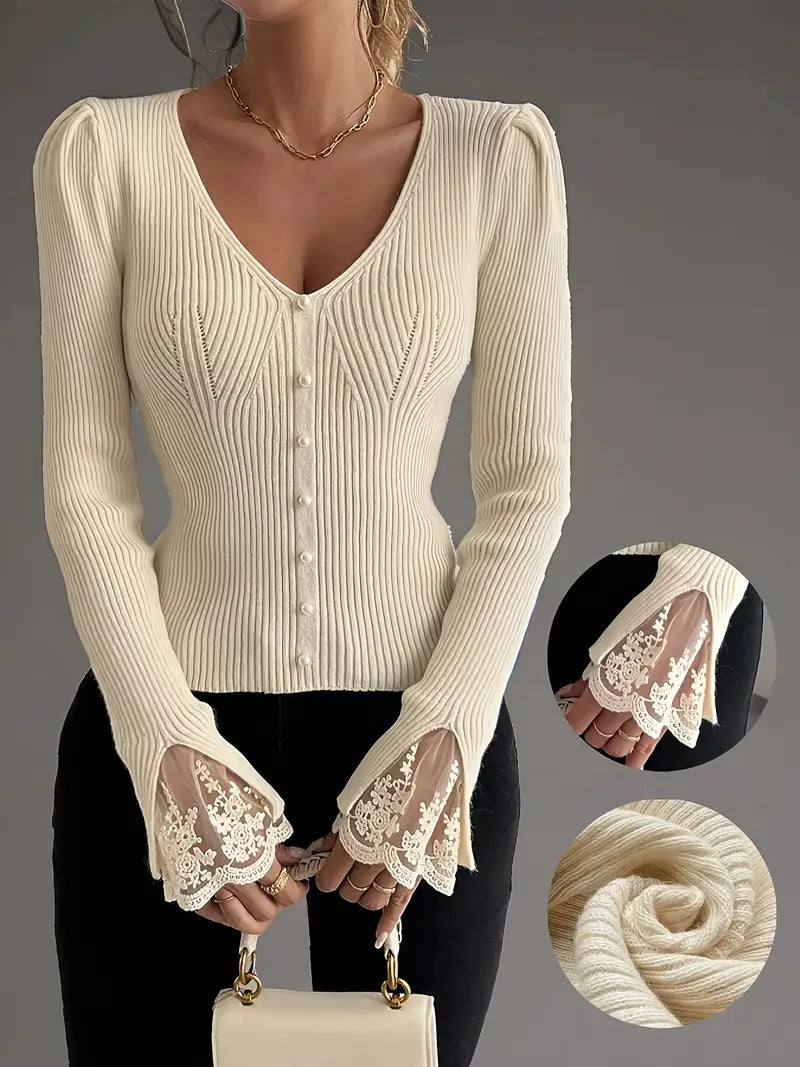 V-Neck Ribbed Top with Lace Sleeves