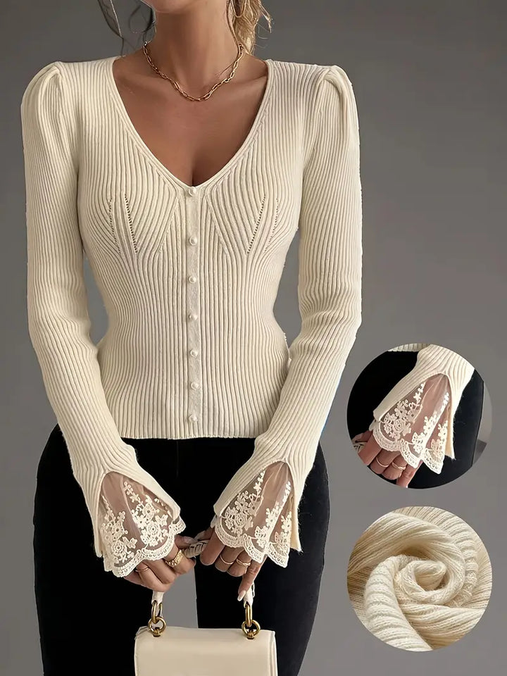 V-Neck Ribbed Top with Lace Sleeves