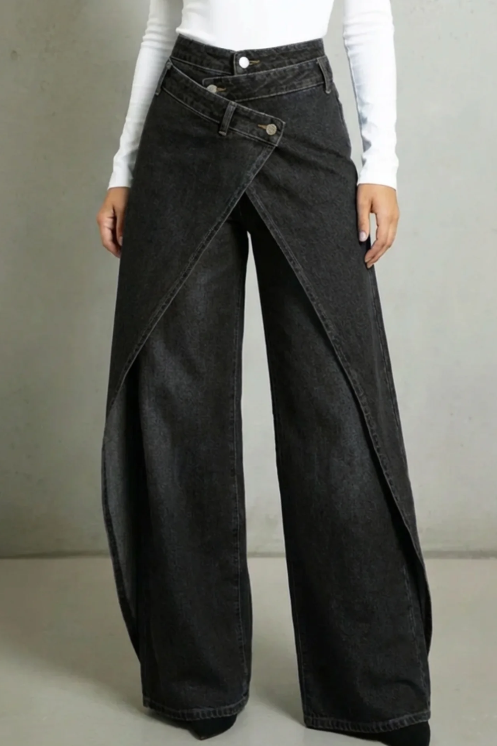 Vintage-Inspired High-Waisted Denim Jeans with Ruffled Hem and Tie-Waist