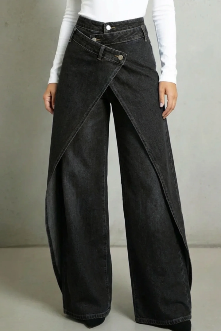 Vintage-Inspired High-Waisted Denim Jeans with Ruffled Hem and Tie-Waist