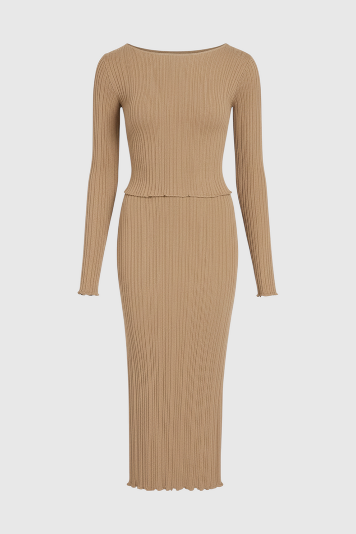 Isabella | Elegant Khaki Maxi Skirt Set with Slim Fit - Lumina