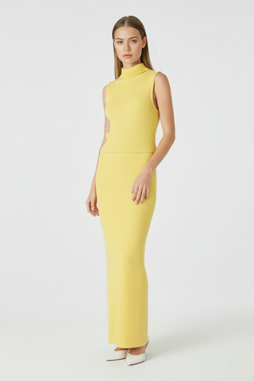 Isabella | Elegant Yellow Knit Skirt and Top Set with Flattering Fit - Lumina