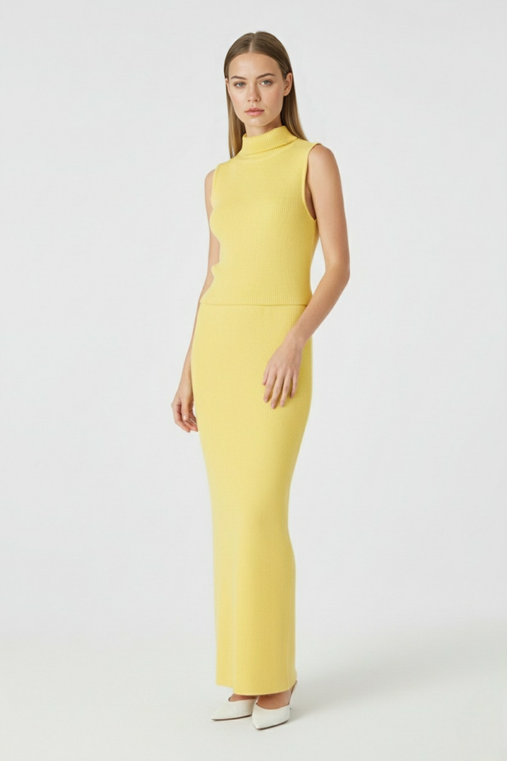 Isabella | Elegant Yellow Knit Skirt and Top Set with Flattering Fit - Lumina