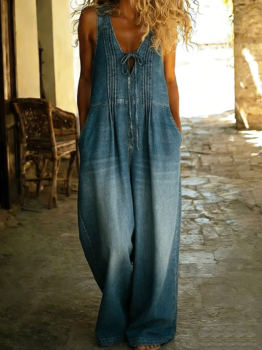 Relaxed Fit Pleated Denim Jumpsuit with Drawstring