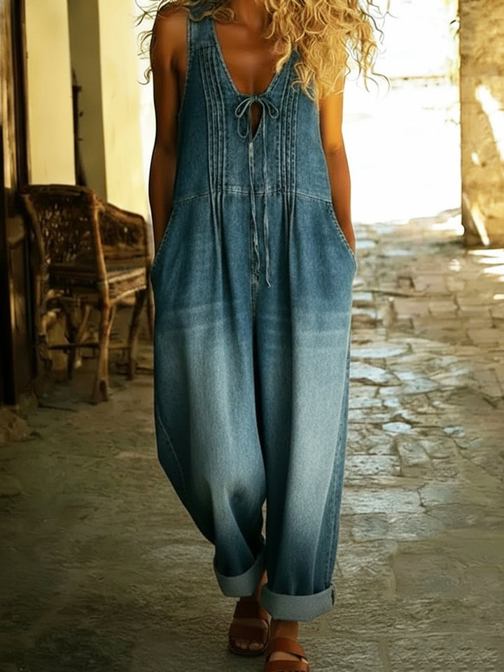 Relaxed Fit Pleated Denim Jumpsuit with Drawstring