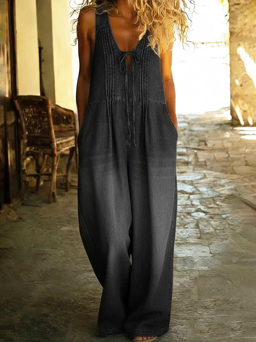 Relaxed Fit Pleated Denim Jumpsuit with Drawstring