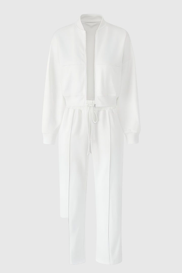 Serena | Casual Chic White Lounge Set with Modern Zipper Details - Lumina