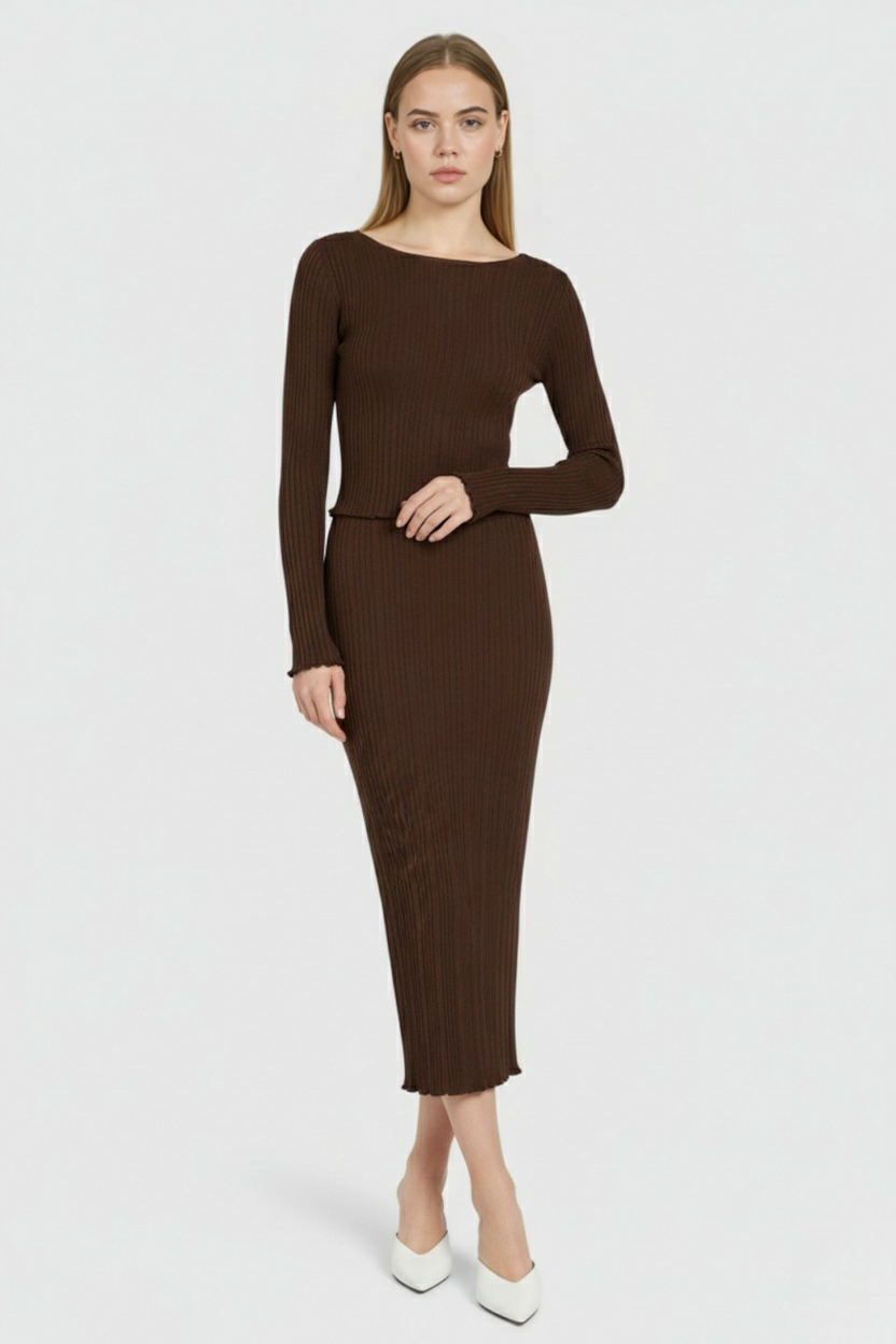 Victoria | Elegant Dark Brown Maxi Skirt Set with Flattering Fit - Lumina