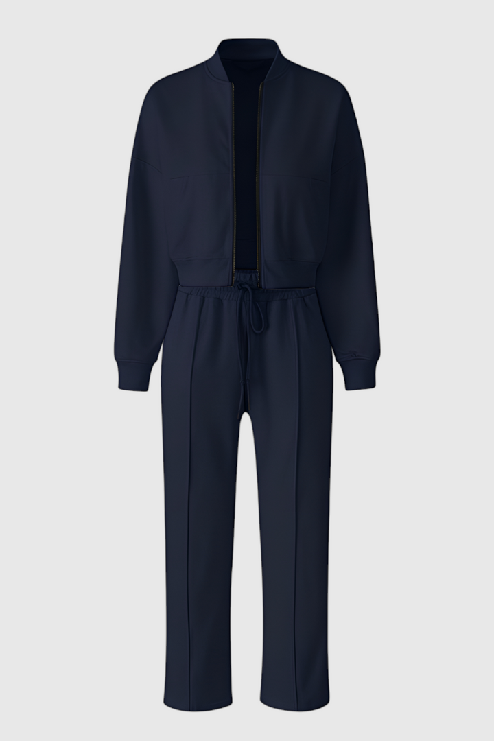 Victoria | Relaxed Fit Dark Blue Sweatpants and Sweatshirt Set with Zipper Accents - Lumina