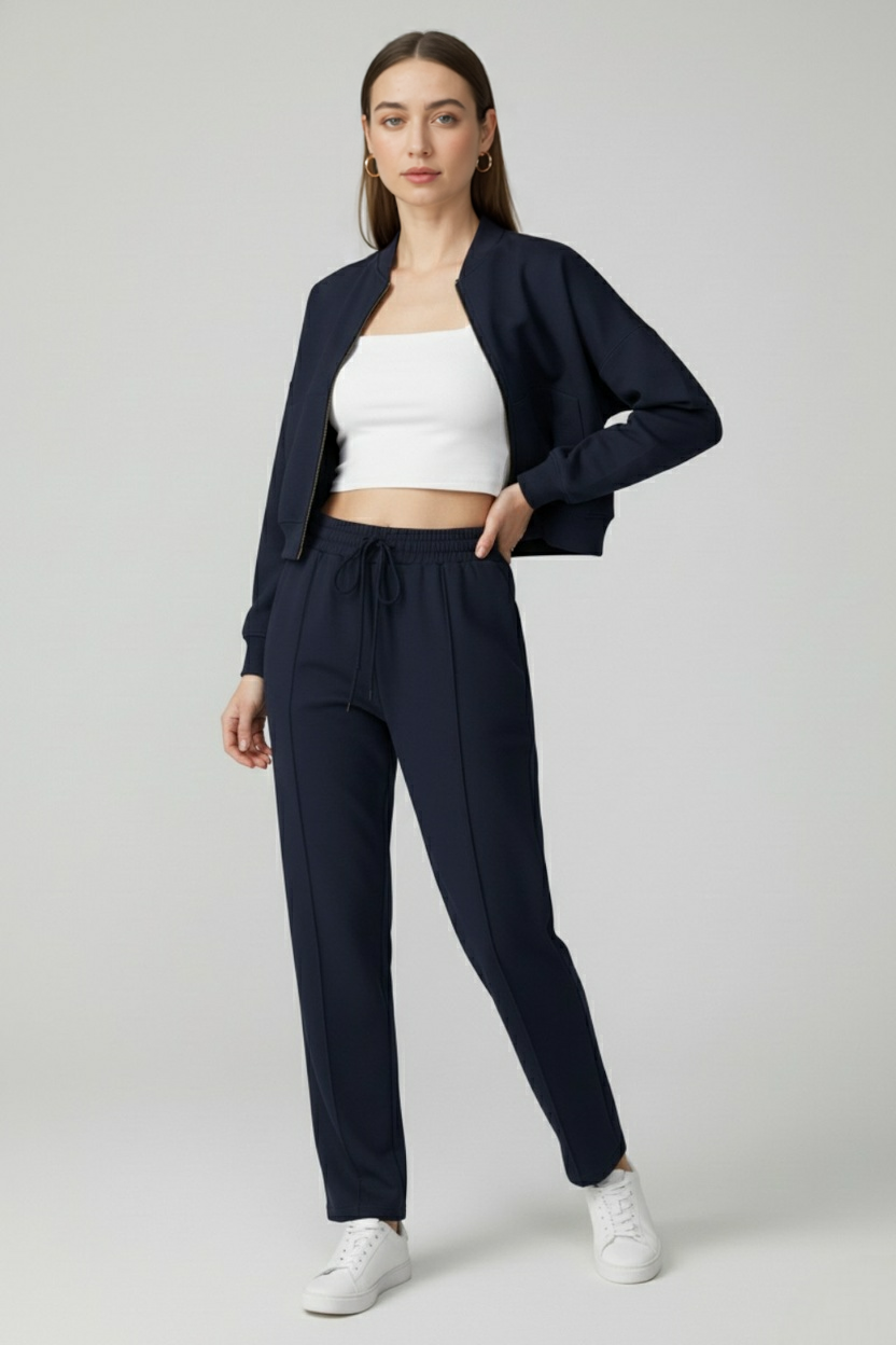 Victoria | Relaxed Fit Dark Blue Sweatpants and Sweatshirt Set with Zipper Accents - Lumina