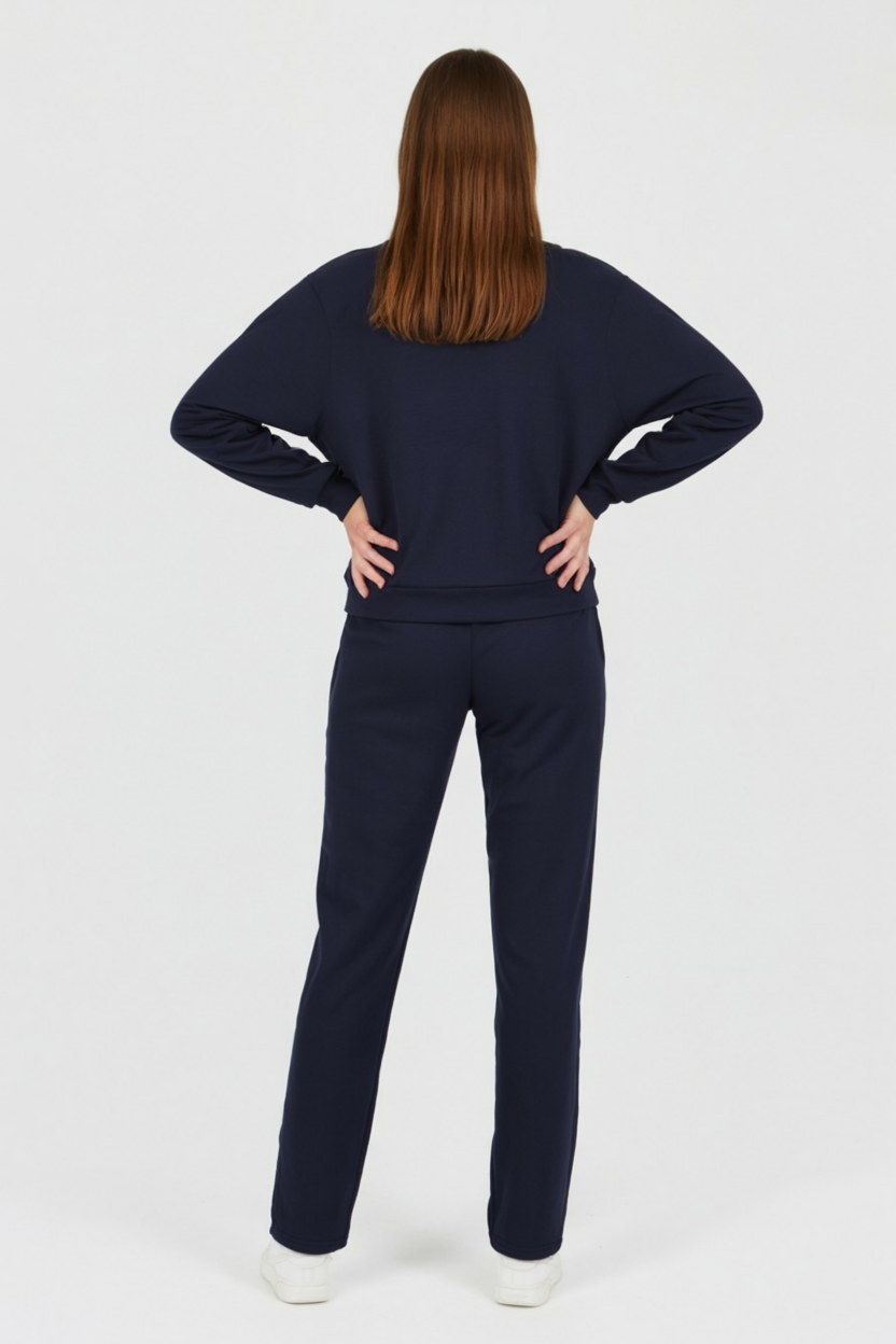 Victoria | Relaxed Fit Dark Blue Sweatpants and Sweatshirt Set with Zipper Accents - Lumina